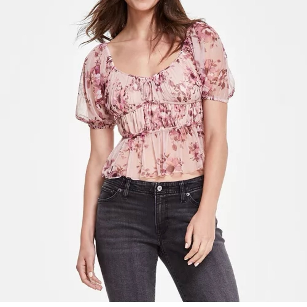 Lucky Brand Pink and White Smocked Crop Blouse